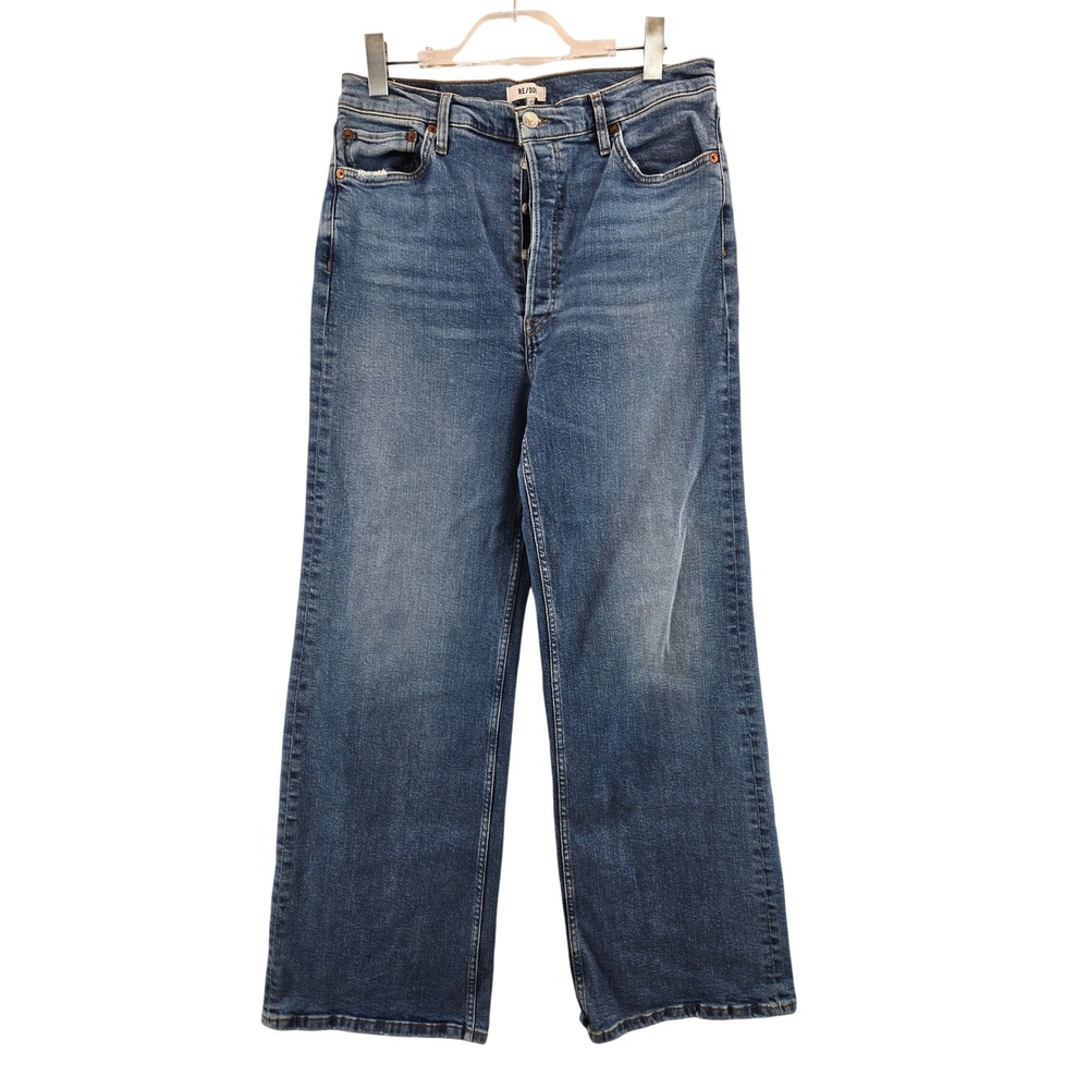 RE/DONE 70s Ultra High Rise Wide Leg Jeans Blue Medium Wash Button Fly Size 31